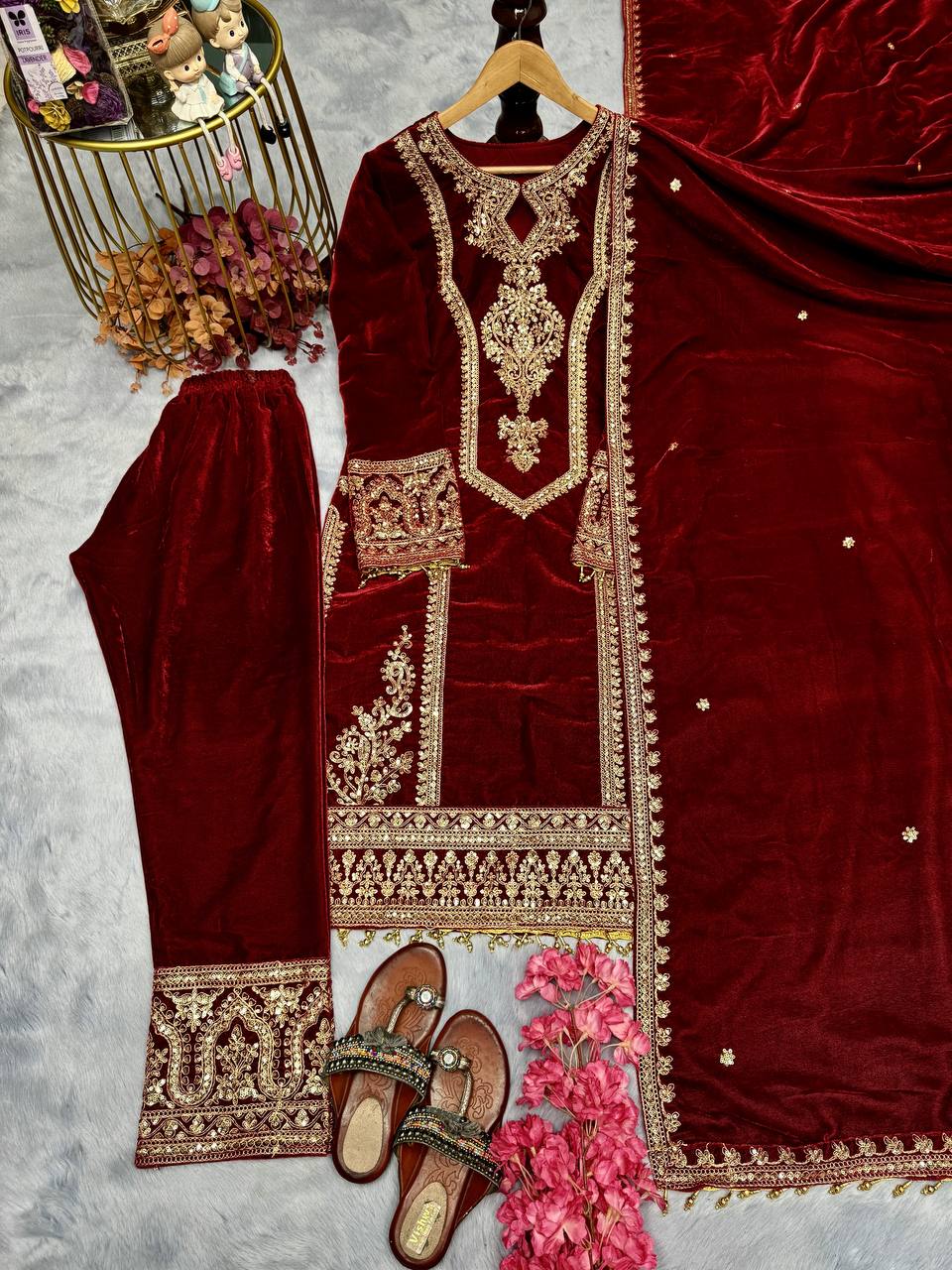 Red Premium Designer Readymade Viscose Velvet Top, Plazzo & Dupatta Set – Party Wear Elegance Clothsvilla Main image