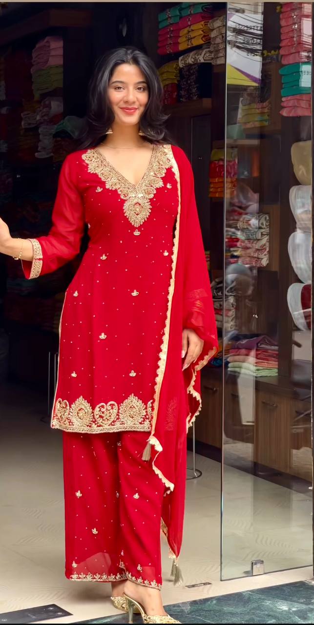 Red Premium Faux Georgette Plazzo Set with Beads, Sequins & Rivet Moti Work ClothsVilla Main image