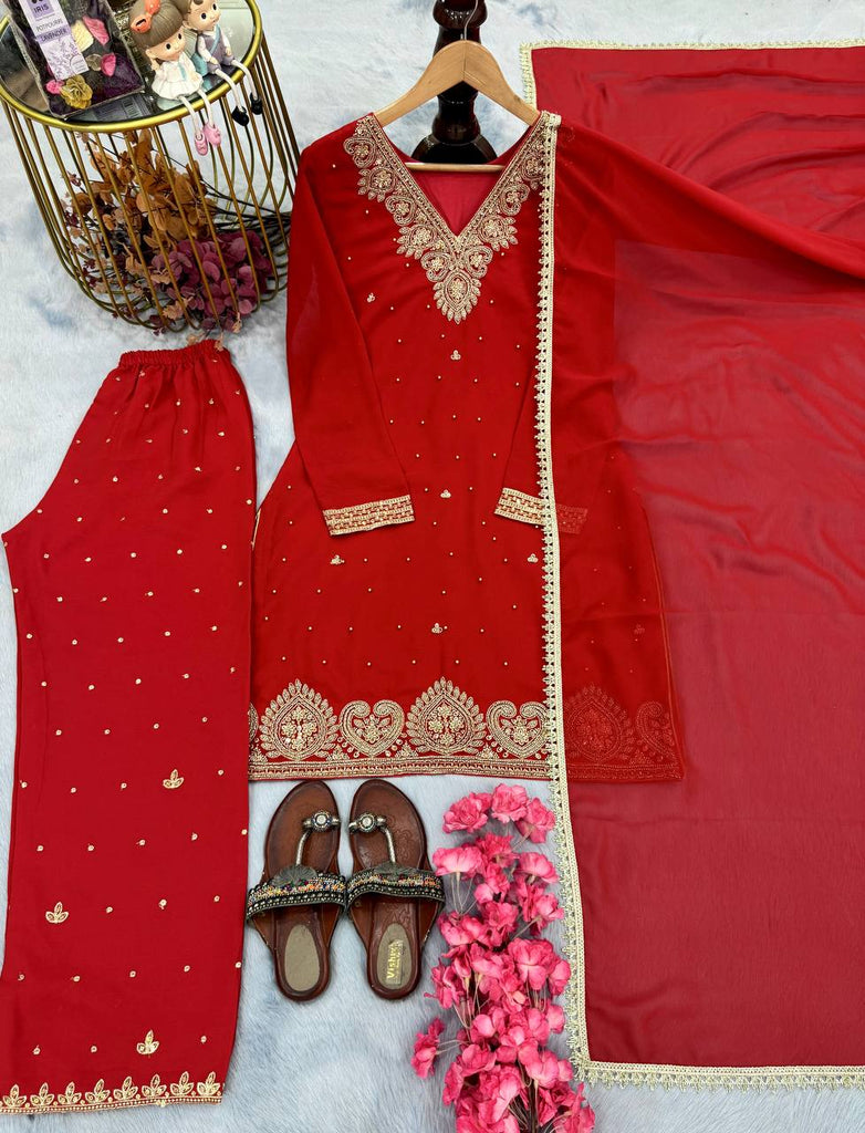 Red Premium Faux Georgette Plazzo Set with Beads, Sequins & Rivet Moti Work ClothsVilla