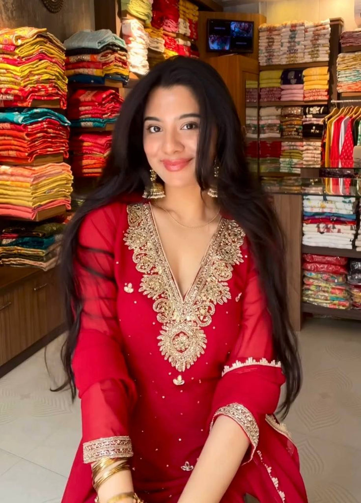 Red Premium Faux Georgette Plazzo Set with Beads, Sequins & Rivet Moti Work ClothsVilla