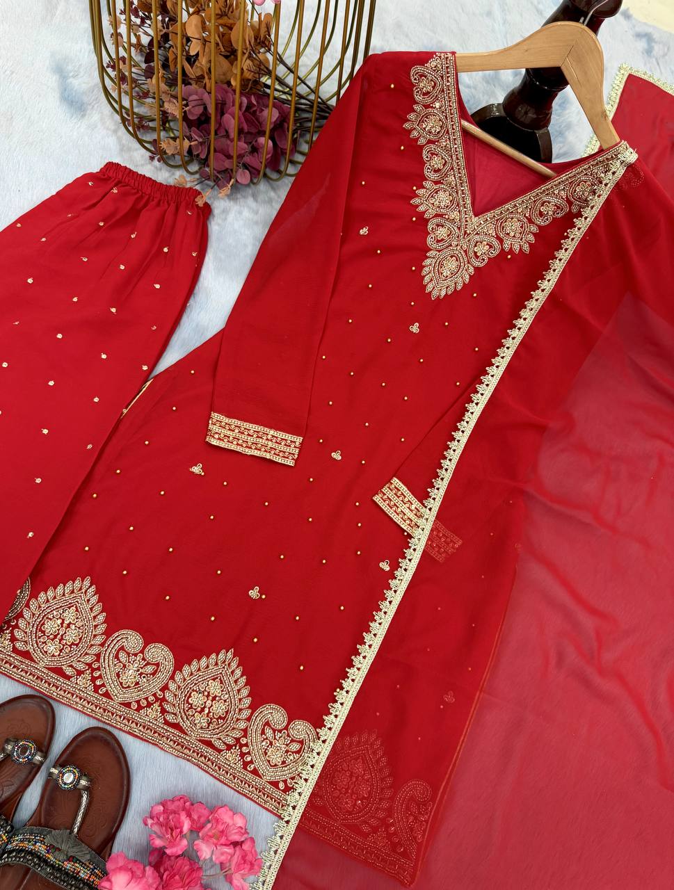 Red Premium Faux Georgette Plazzo Set with Beads, Sequins & Rivet Moti Work ClothsVilla
