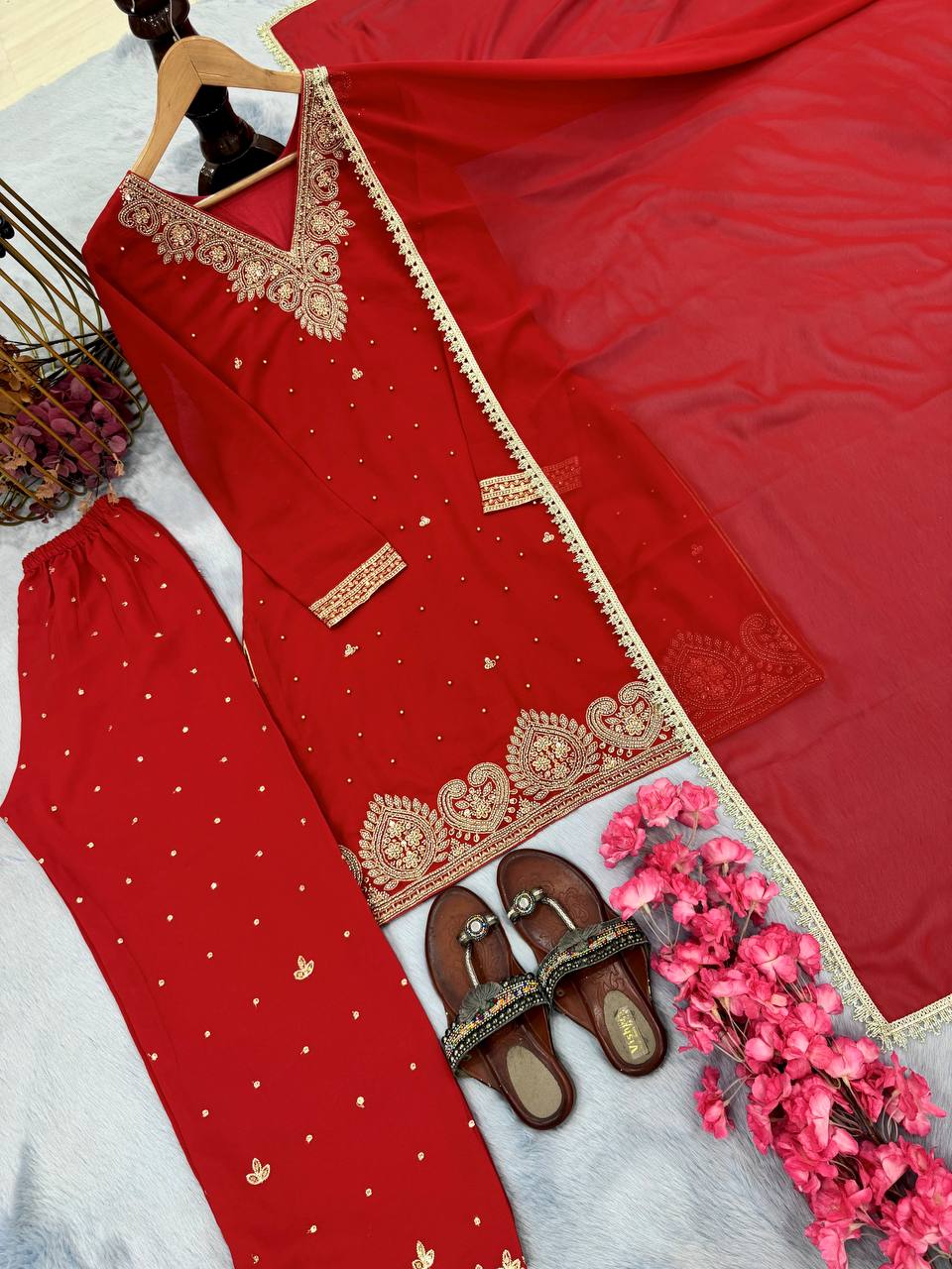 Red Premium Faux Georgette Plazzo Set with Beads, Sequins & Rivet Moti Work ClothsVilla