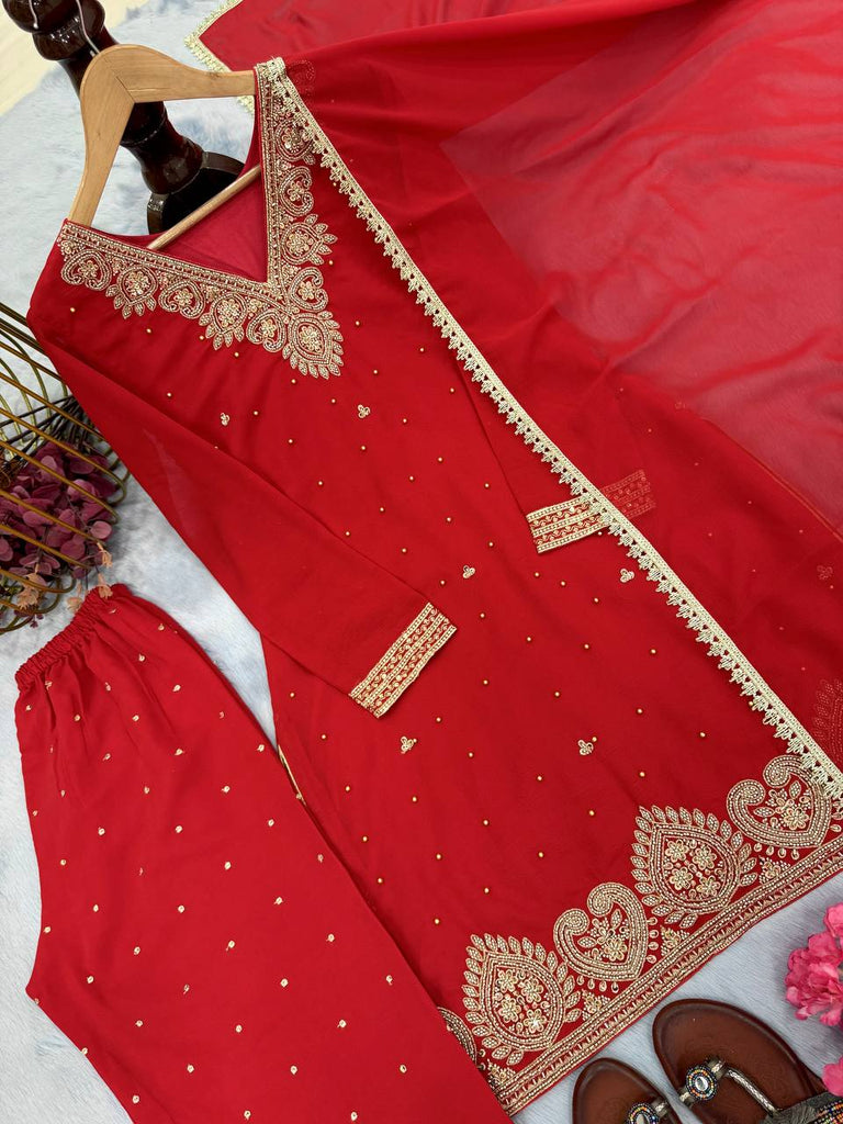 Red Premium Faux Georgette Plazzo Set with Beads, Sequins & Rivet Moti Work ClothsVilla