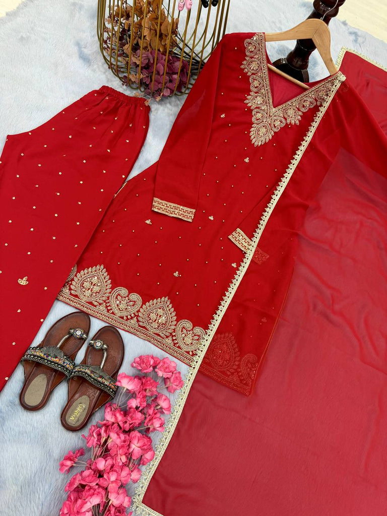 Red Premium Faux Georgette Plazzo Set with Beads, Sequins & Rivet Moti Work ClothsVilla