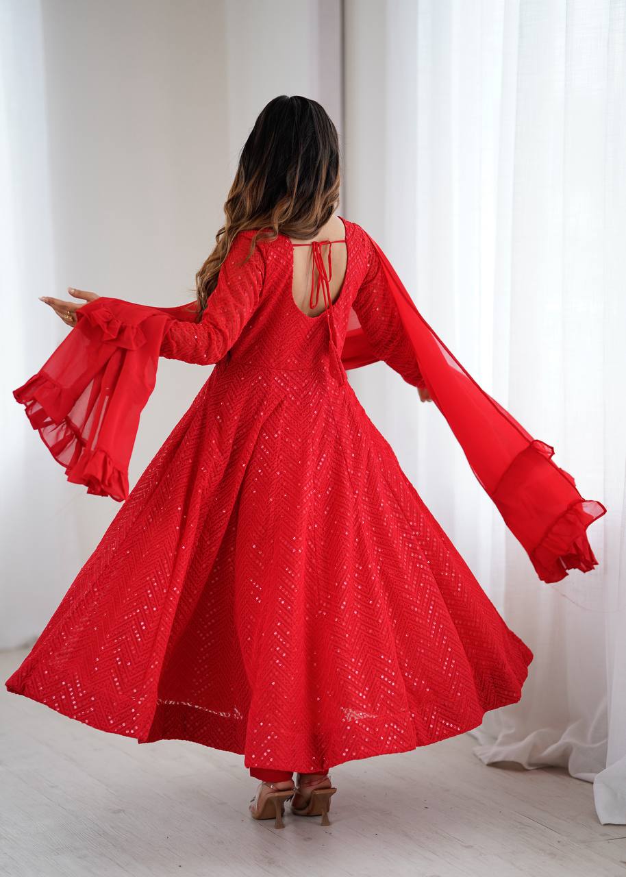 Red Premium Fox Georgette Lucknowi Sequence Work Anarkali Set ClothsVilla