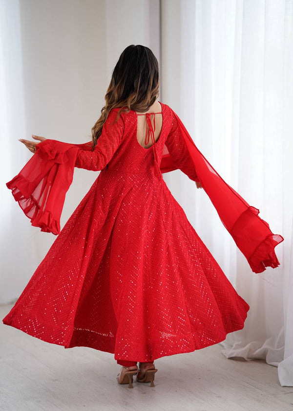 Red Premium Fox Georgette Lucknowi Sequence Work Anarkali Set ClothsVilla