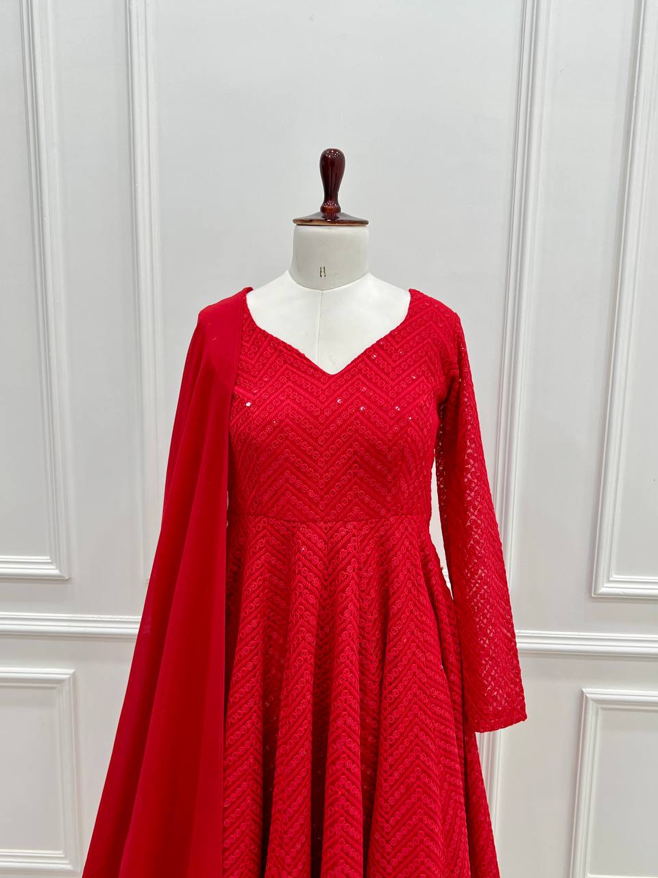 Red Premium Fox Georgette Lucknowi Sequence Work Anarkali Set ClothsVilla