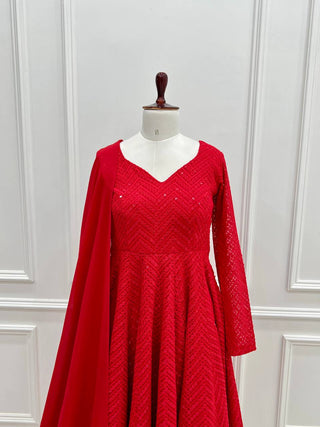 Red Premium Fox Georgette Lucknowi Sequence Work Anarkali Set ClothsVilla