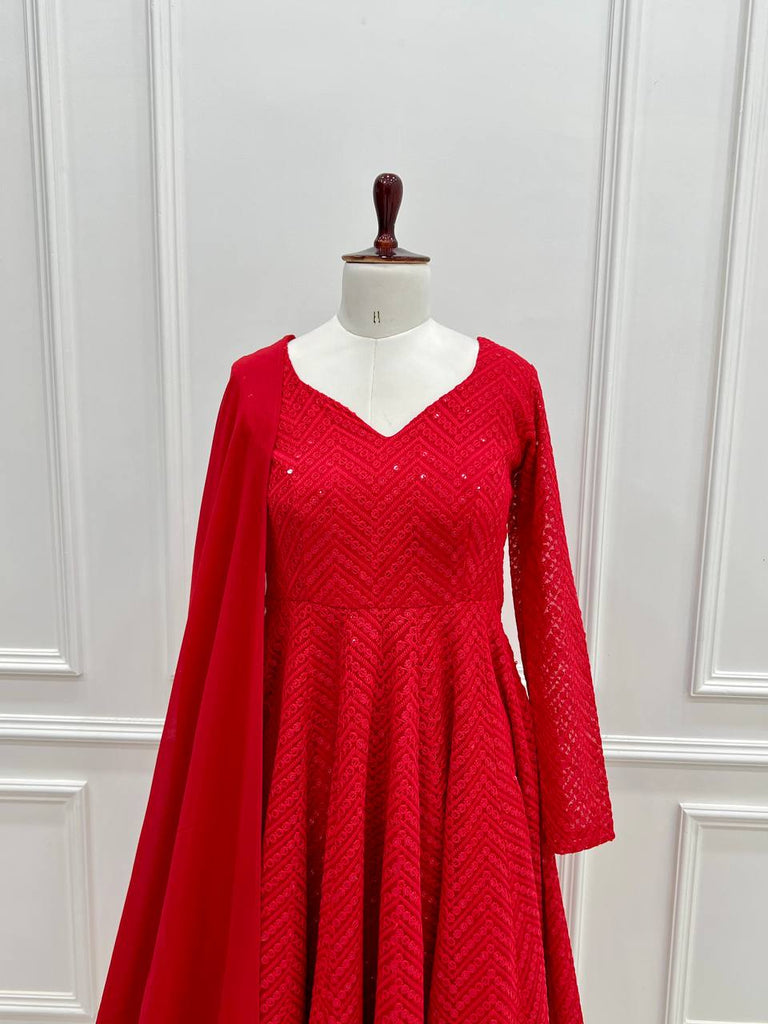 Red Premium Fox Georgette Lucknowi Sequence Work Anarkali Set ClothsVilla