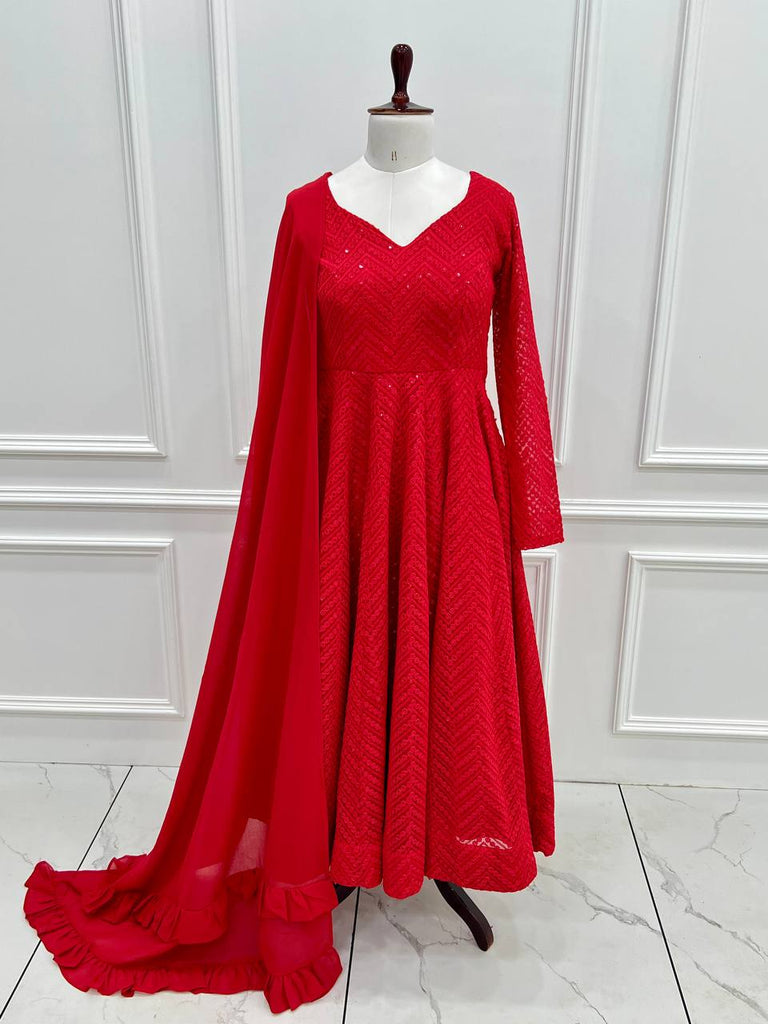Red Premium Fox Georgette Lucknowi Sequence Work Anarkali Set ClothsVilla