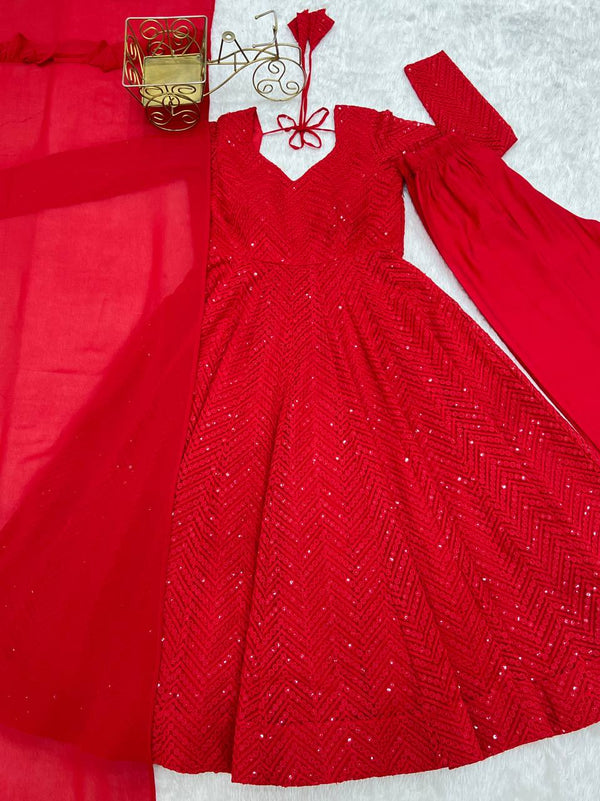Red Premium Fox Georgette Lucknowi Sequence Work Anarkali Set ClothsVilla