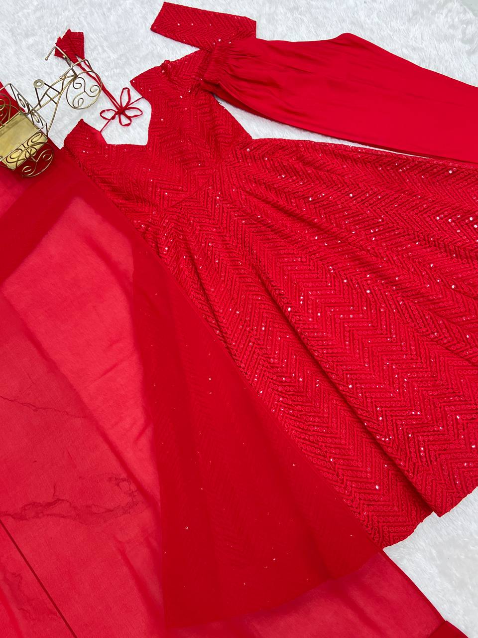 Red Premium Fox Georgette Lucknowi Sequence Work Anarkali Set ClothsVilla