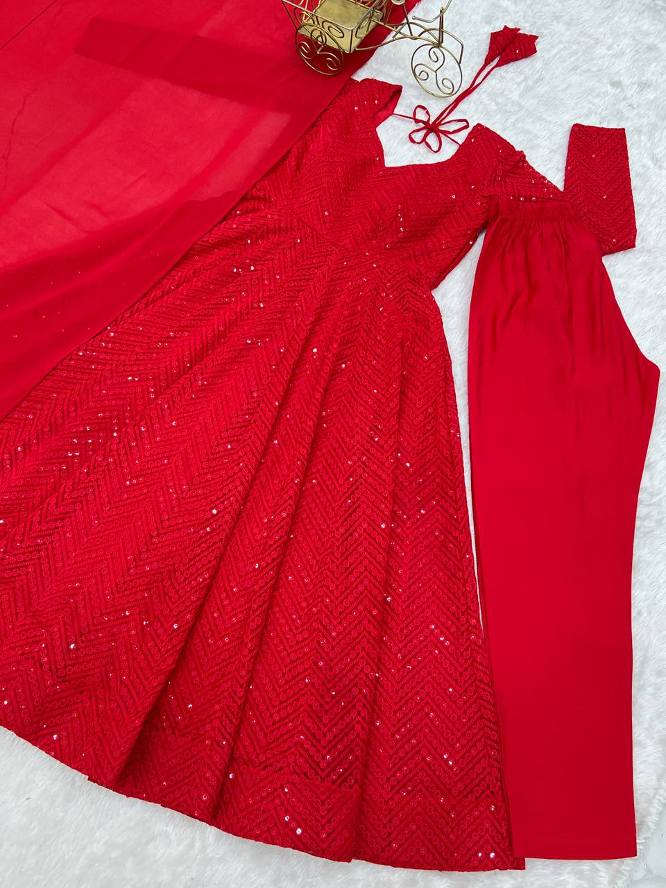 Red Premium Fox Georgette Lucknowi Sequence Work Anarkali Set ClothsVilla