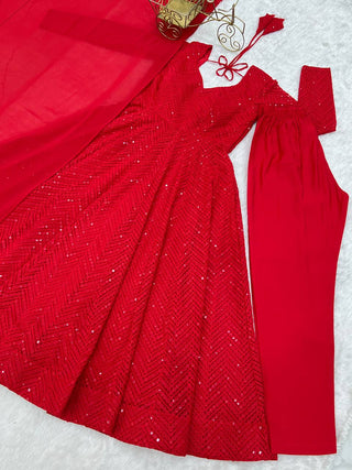 Red Premium Fox Georgette Lucknowi Sequence Work Anarkali Set ClothsVilla