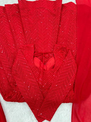 Red Premium Fox Georgette Lucknowi Sequence Work Anarkali Set ClothsVilla