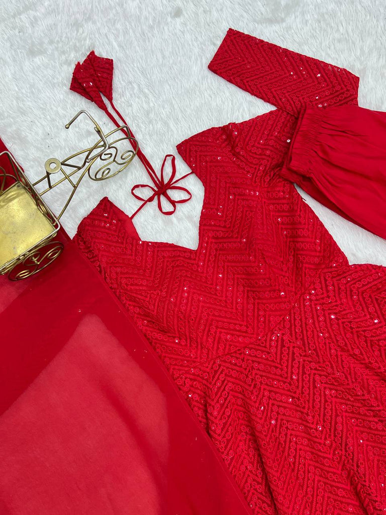 Red Premium Fox Georgette Lucknowi Sequence Work Anarkali Set ClothsVilla