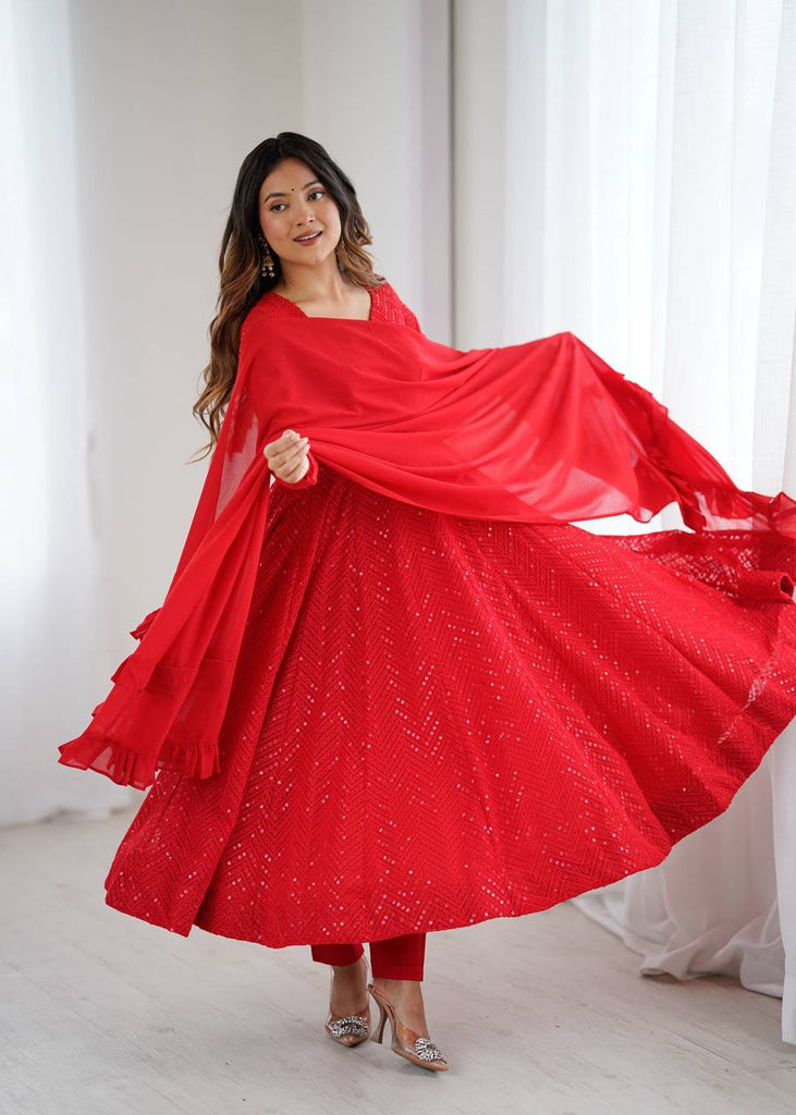 Red Premium Fox Georgette Lucknowi Sequence Work Anarkali Set ClothsVilla