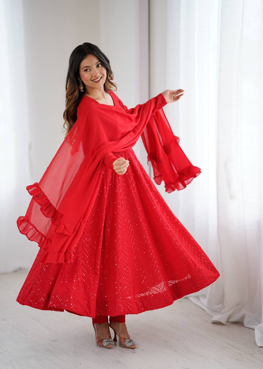 Red Premium Fox Georgette Lucknowi Sequence Work Anarkali Set ClothsVilla