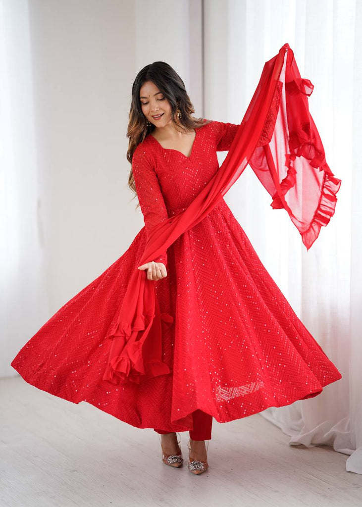 Red Premium Fox Georgette Lucknowi Sequence Work Anarkali Set ClothsVilla