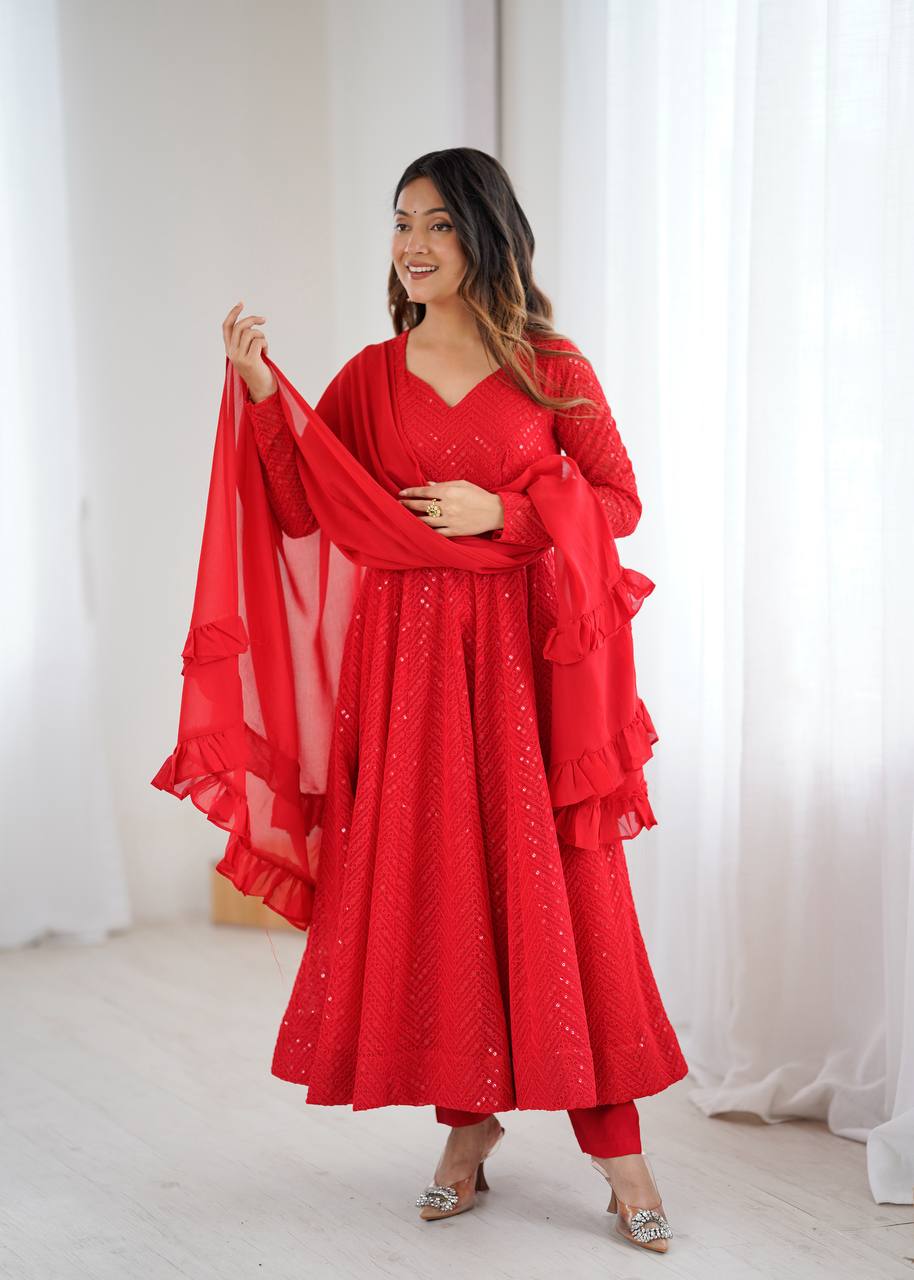 Red Premium Fox Georgette Lucknowi Sequence Work Anarkali Set ClothsVilla
