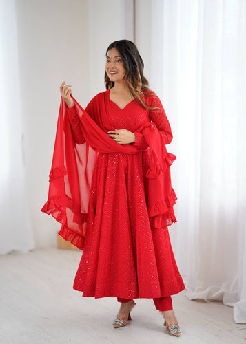 Red Premium Fox Georgette Lucknowi Sequence Work Anarkali Set ClothsVilla