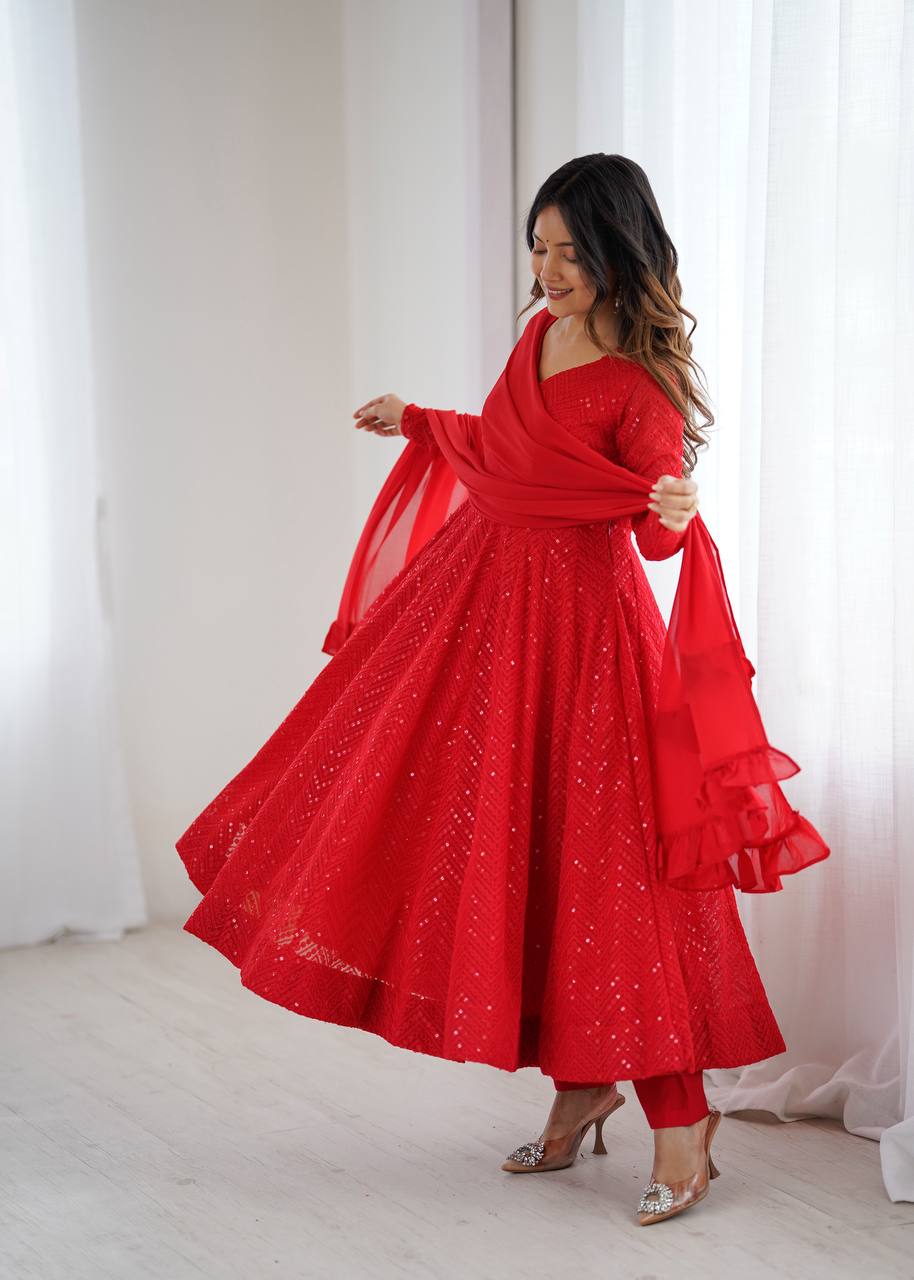 Red Premium Fox Georgette Lucknowi Sequence Work Anarkali Set ClothsVilla