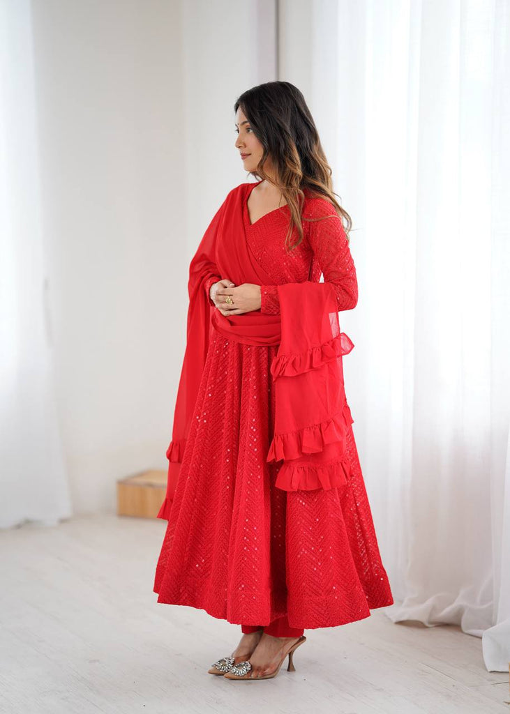 Red Premium Fox Georgette Lucknowi Sequence Work Anarkali Set ClothsVilla