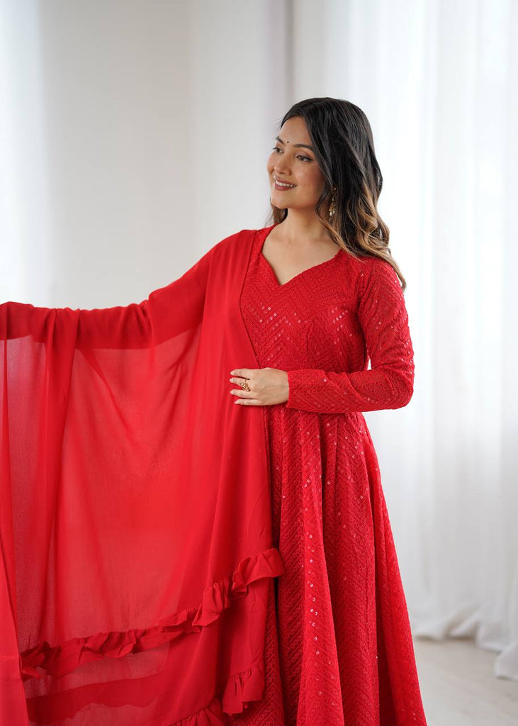 Red Premium Fox Georgette Lucknowi Sequence Work Anarkali Set ClothsVilla