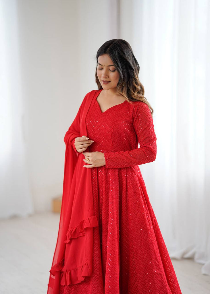 Red Premium Fox Georgette Lucknowi Sequence Work Anarkali Set ClothsVilla