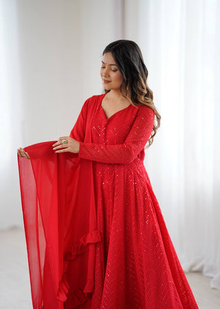 Red Premium Fox Georgette Lucknowi Sequence Work Anarkali Set ClothsVilla