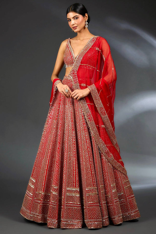 Red Premium Malai Satin Lehenga Choli Set with Heavy Sequins & Dori Embroidery, Unstitched Blouse with Sleeve Work & Net Dupatta – Festive & Wedding Wear ClothsVilla