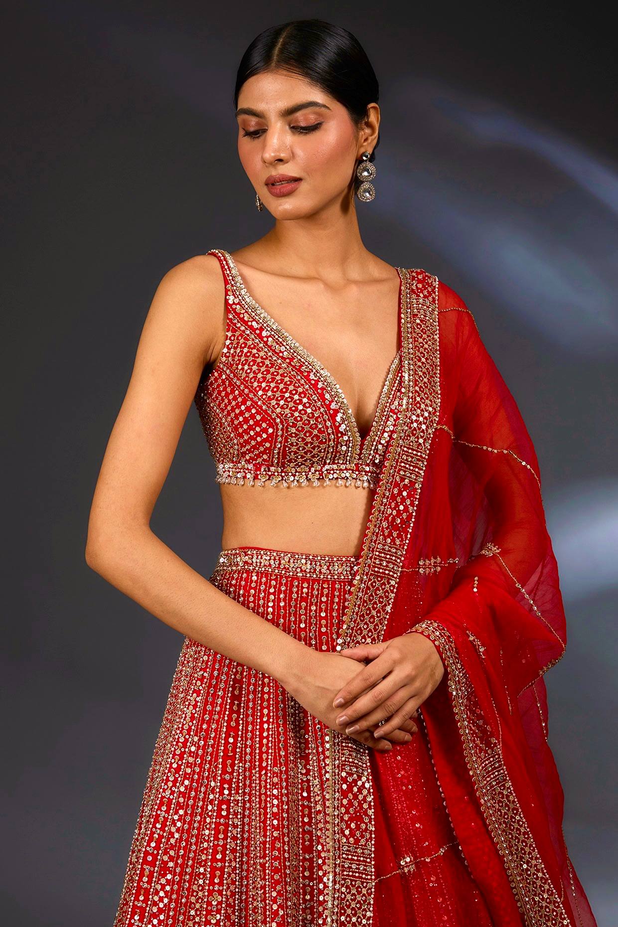 Red Premium Malai Satin Lehenga Choli Set with Heavy Sequins & Dori Embroidery, Unstitched Blouse with Sleeve Work & Net Dupatta – Festive & Wedding Wear ClothsVilla