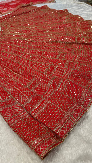 Red Premium Malai Satin Lehenga Choli Set with Heavy Sequins & Dori Embroidery, Unstitched Blouse with Sleeve Work & Net Dupatta – Festive & Wedding Wear ClothsVilla