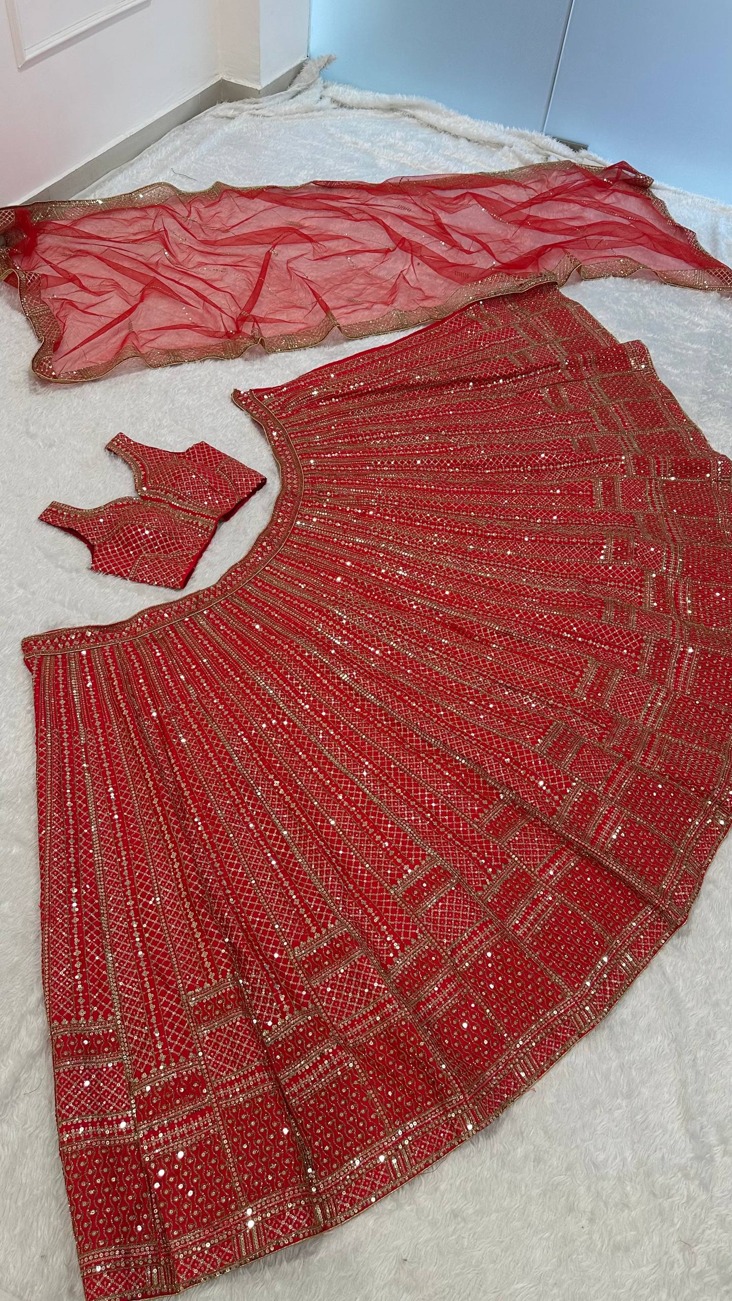 Red Premium Malai Satin Lehenga Choli Set with Heavy Sequins & Dori Embroidery, Unstitched Blouse with Sleeve Work & Net Dupatta – Festive & Wedding Wear ClothsVilla