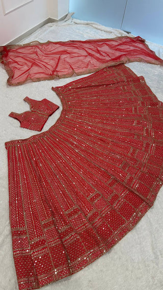 Red Premium Malai Satin Lehenga Choli Set with Heavy Sequins & Dori Embroidery, Unstitched Blouse with Sleeve Work & Net Dupatta – Festive & Wedding Wear ClothsVilla