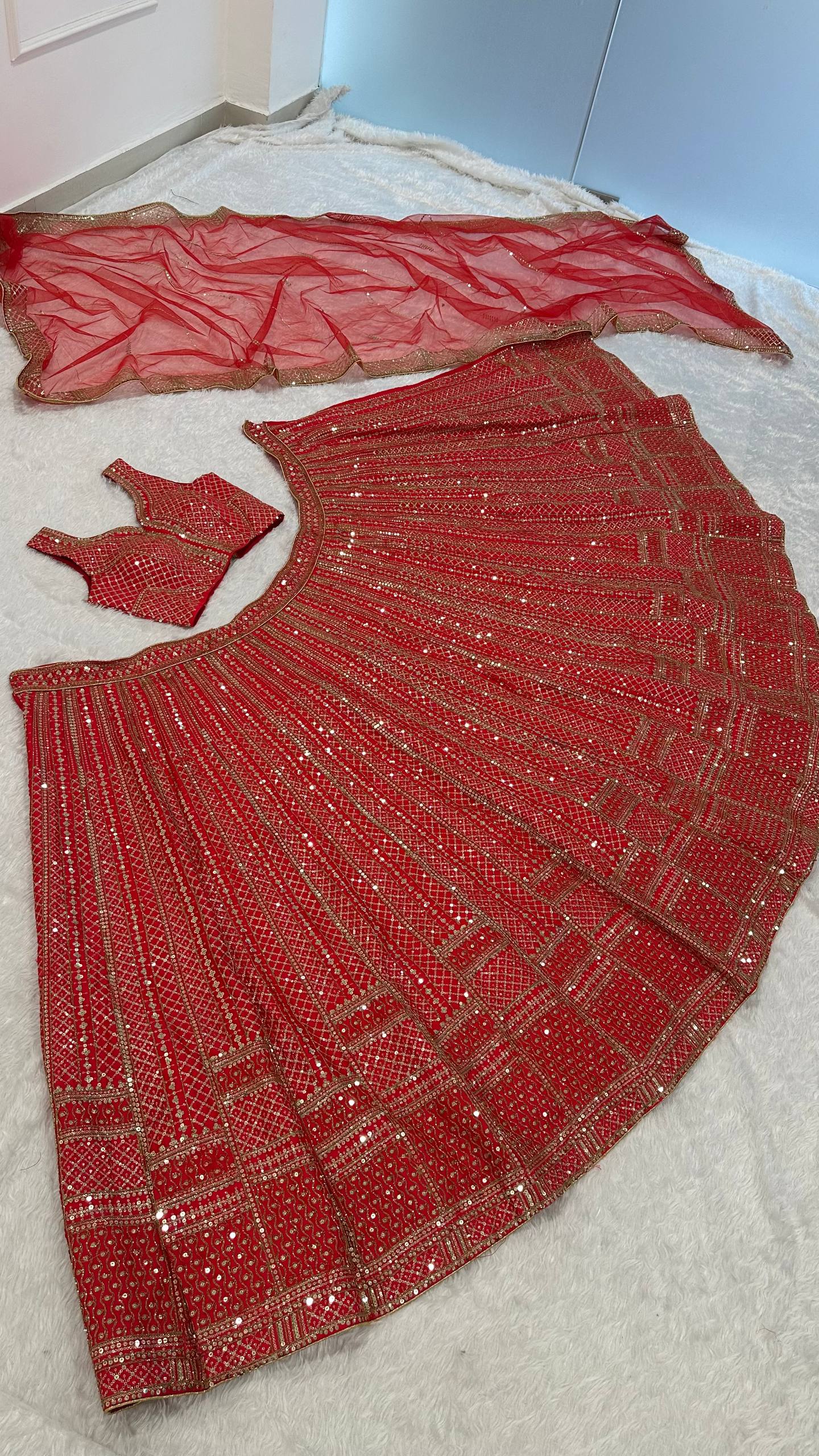 Red Premium Malai Satin Lehenga Choli Set with Heavy Sequins & Dori Embroidery, Unstitched Blouse with Sleeve Work & Net Dupatta – Festive & Wedding Wear ClothsVilla