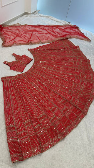 Red Premium Malai Satin Lehenga Choli Set with Heavy Sequins & Dori Embroidery, Unstitched Blouse with Sleeve Work & Net Dupatta – Festive & Wedding Wear ClothsVilla