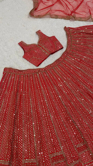 Red Premium Malai Satin Lehenga Choli Set with Heavy Sequins & Dori Embroidery, Unstitched Blouse with Sleeve Work & Net Dupatta – Festive & Wedding Wear ClothsVilla