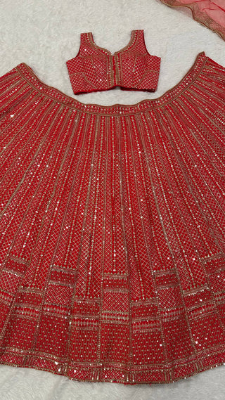Red Premium Malai Satin Lehenga Choli Set with Heavy Sequins & Dori Embroidery, Unstitched Blouse with Sleeve Work & Net Dupatta – Festive & Wedding Wear ClothsVilla