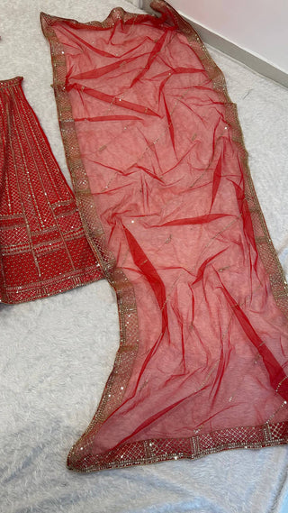 Red Premium Malai Satin Lehenga Choli Set with Heavy Sequins & Dori Embroidery, Unstitched Blouse with Sleeve Work & Net Dupatta – Festive & Wedding Wear ClothsVilla