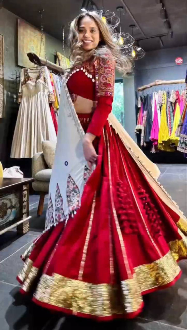Red Premium Reyon Silk Semi-Stitched Lehenga Set with Real Mirror & Kodi Lace Work ClothsVilla