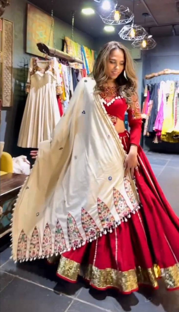 Red Premium Reyon Silk Semi-Stitched Lehenga Set with Real Mirror & Kodi Lace Work ClothsVilla