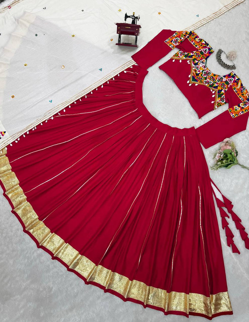 Red Premium Reyon Silk Semi-Stitched Lehenga Set with Real Mirror & Kodi Lace Work ClothsVilla