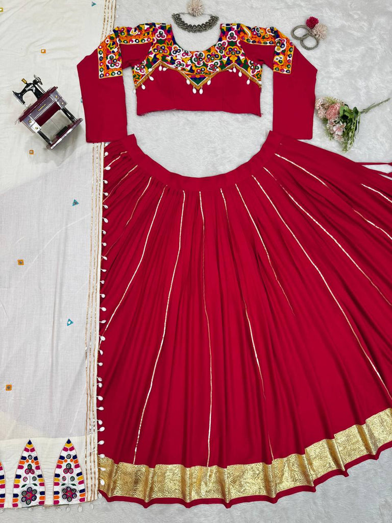 Red Premium Reyon Silk Semi-Stitched Lehenga Set with Real Mirror & Kodi Lace Work ClothsVilla