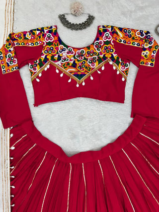 Red Premium Reyon Silk Semi-Stitched Lehenga Set with Real Mirror & Kodi Lace Work ClothsVilla
