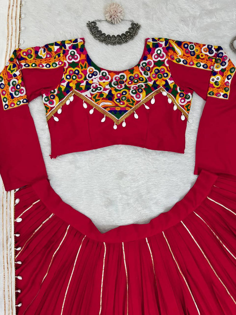 Red Premium Reyon Silk Semi-Stitched Lehenga Set with Real Mirror & Kodi Lace Work ClothsVilla