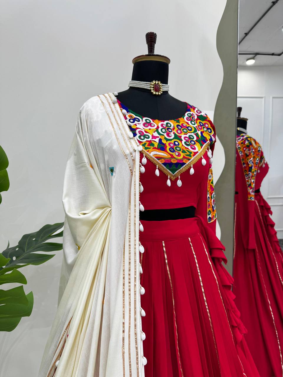Red Premium Reyon Silk Semi-Stitched Lehenga Set with Real Mirror & Kodi Lace Work ClothsVilla