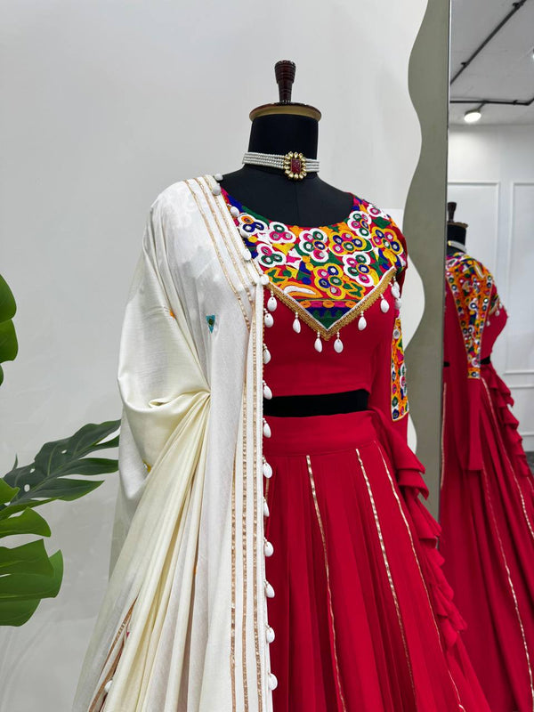 Red Premium Reyon Silk Semi-Stitched Lehenga Set with Real Mirror & Kodi Lace Work ClothsVilla