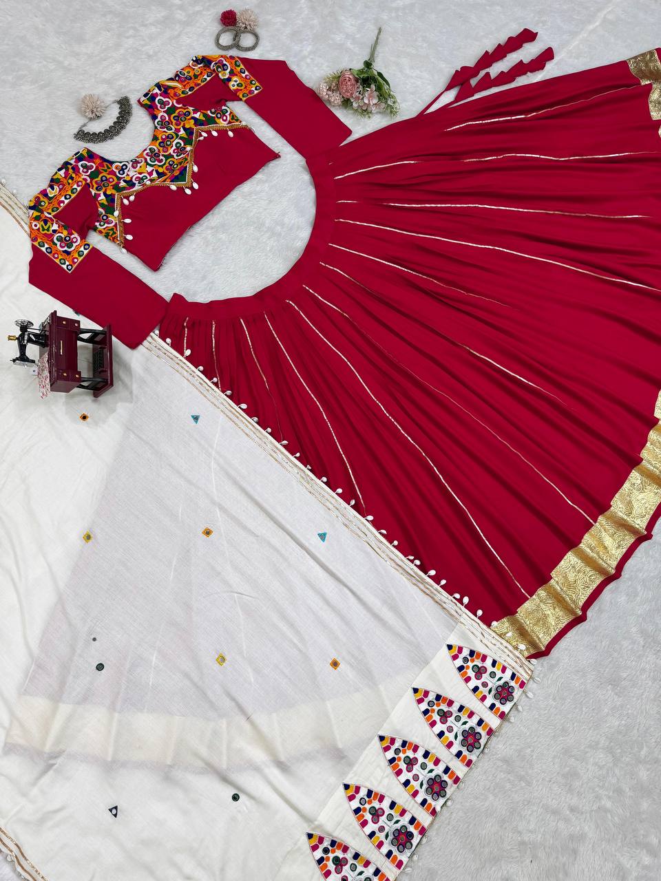 Red Premium Reyon Silk Semi-Stitched Lehenga Set with Real Mirror & Kodi Lace Work ClothsVilla