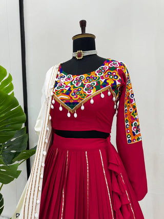 Red Premium Reyon Silk Semi-Stitched Lehenga Set with Real Mirror & Kodi Lace Work ClothsVilla